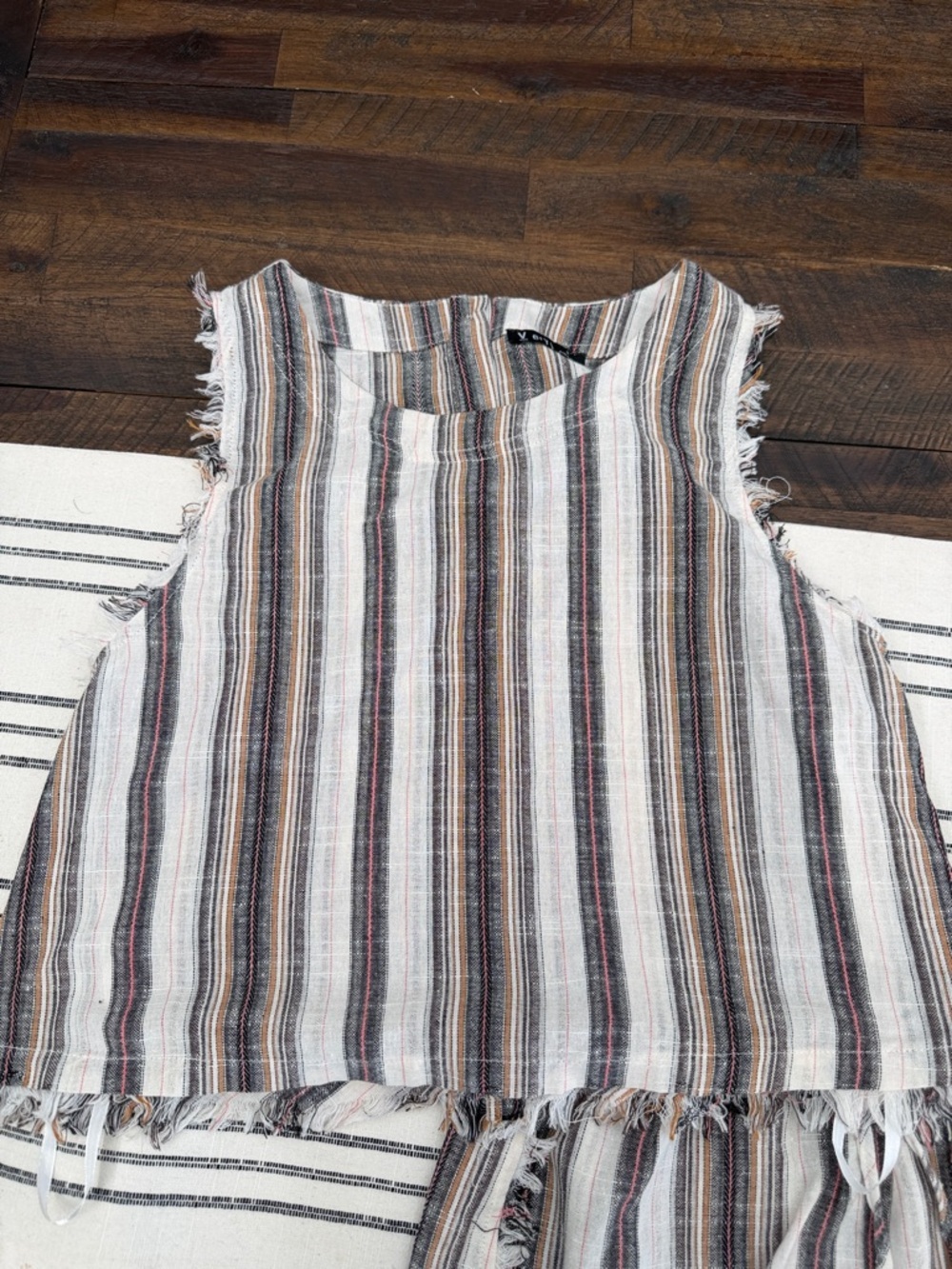 Very J Striped Frayed Two-Piece Shorts Set in Ivory, Black, Tan - Picture 3 of 8